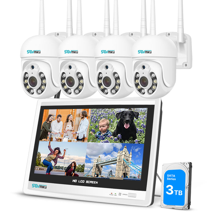 Sovmiku 360 View Pan Tilt 5MP Wireless Security Camera System with 12.1" Monitor,3TB Hard Drive