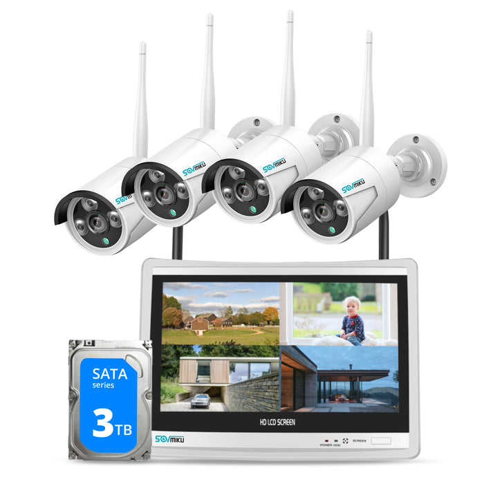 Sovmiku 4Pcs 3MP Security Camera System with 12.1" Monitor, 3TB Hard Drive,With Power Supply