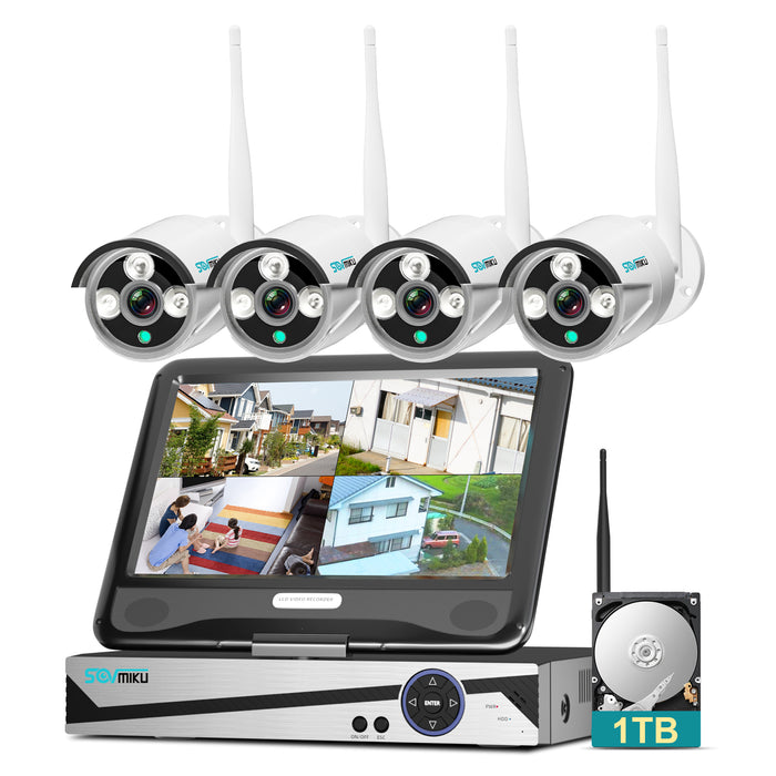 Sovmiku 4Pcs 3MP Security Camera System with 10.1" Monitor, 1TB Hard Drive