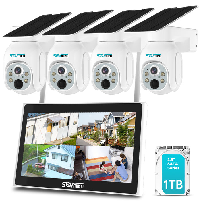 Sovmiku Solar Security Camera Kit, 4PCS 4MP Wireless Battery Camera System with 10in LCD, 2-Way Audio