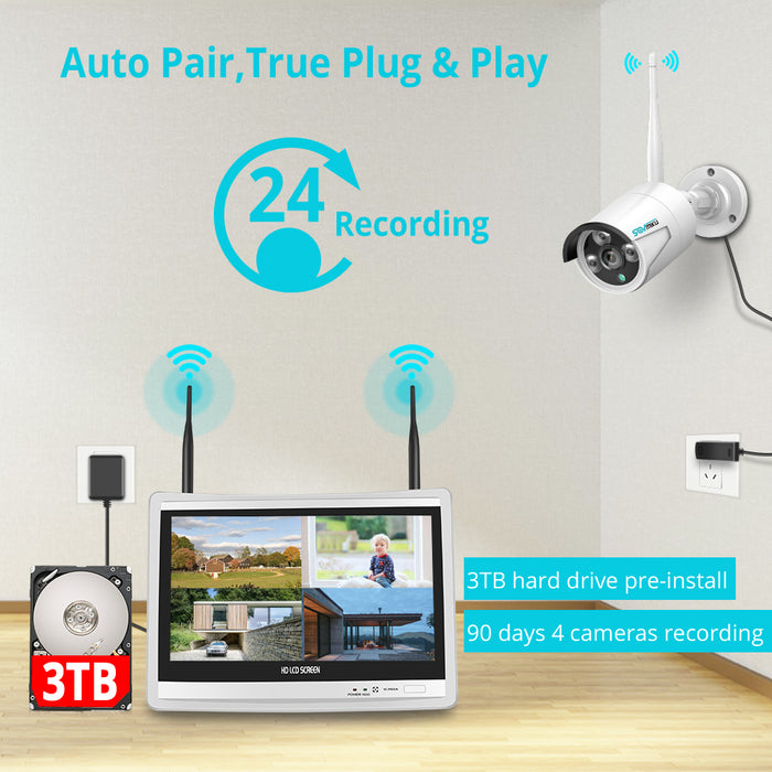 Sovmiku 4Pcs 3MP Security Camera System with 12.1" Monitor, 3TB Hard Drive,With Power Supply