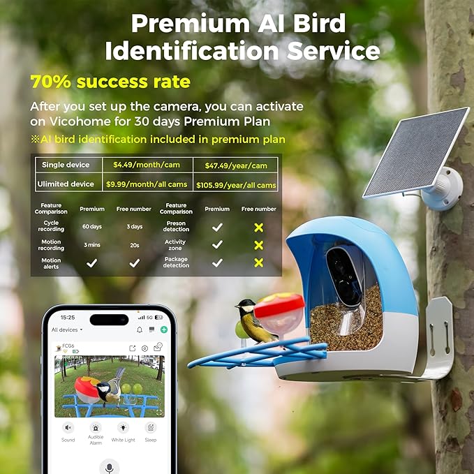 Sovmiku FCG6 AI Bird Feeder with 2K Camera Squirrel Feeder Bird Identify Hummingbird attractant Motion Detection Two Way Audio Real Time Views and Notifications SD Slot Ideal Gift for Bird lovers