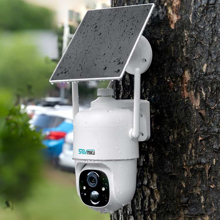 Sovmiku CQ1 AI 2K Solar Security Camera Wireless Outdoor, Battery Powered Cam, Two-Way Audio,PIR Motion Detection, Easy to Setup, Pan/Tilt 360° View,Color Night Vision,Audible Flashlight Siren,SD Slot