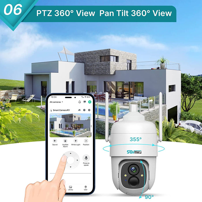 Sovmiku CQ1 AI 2K Solar Security Camera Wireless Outdoor, Battery Powered Cam, Two-Way Audio,PIR Motion Detection, Easy to Setup, Pan/Tilt 360° View,Color Night Vision,Audible Flashlight Siren,SD Slot
